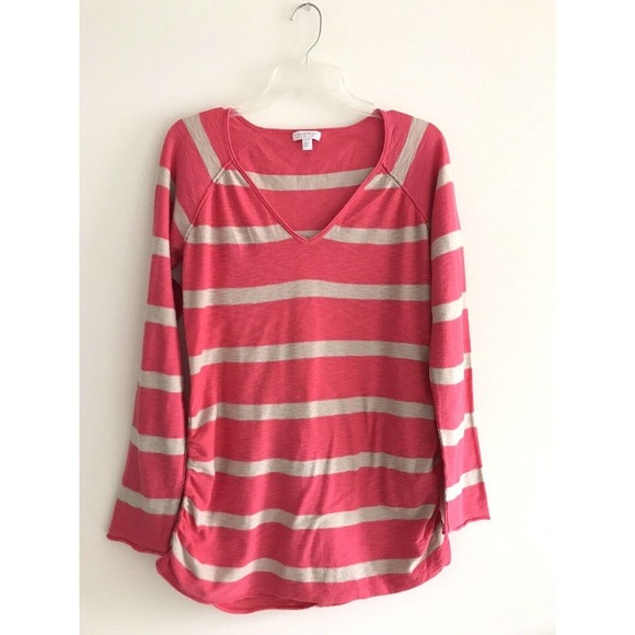A Pea in The Pod | Womens Sz L Red Side Ruched Stripe Top Long Sleeves Pullover - Picture 2 of 9